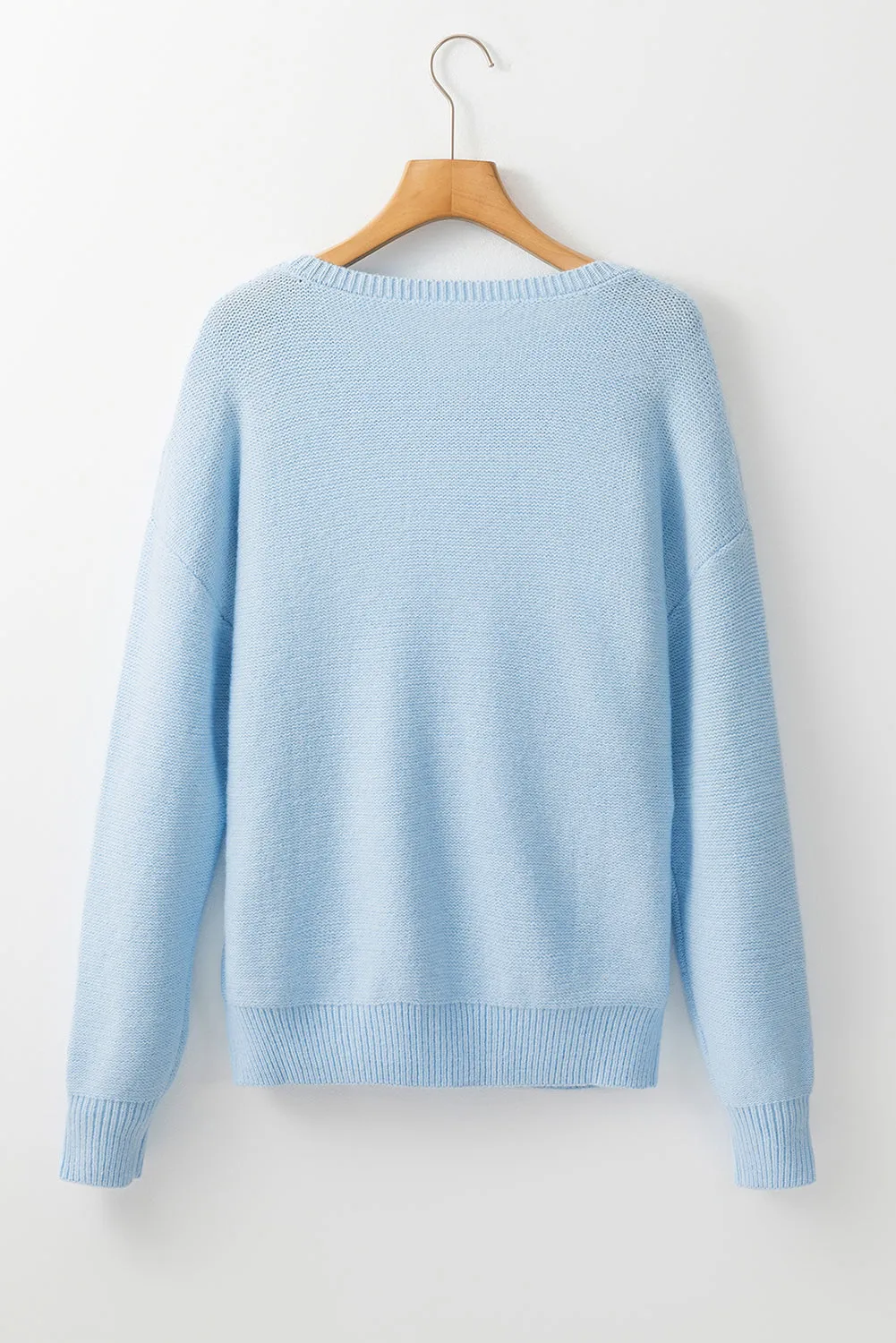 Light Blue Knitted Flower Pattern Ribbed Edge Sweater