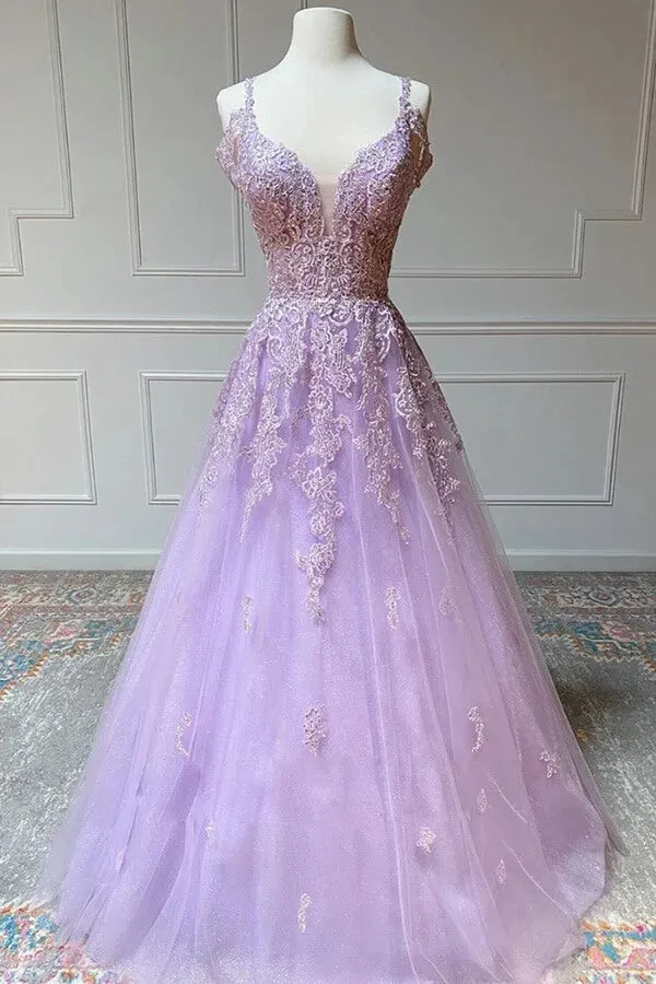 Lilac Tulle A-line V-neck Prom Dresses With Lace Appliques, Evening Dress, MP743