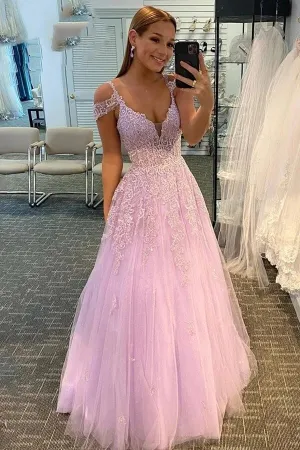 Lilac Tulle A-line V-neck Prom Dresses With Lace Appliques, Evening Dress, MP743