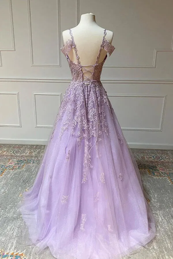 Lilac Tulle A-line V-neck Prom Dresses With Lace Appliques, Evening Dress, MP743