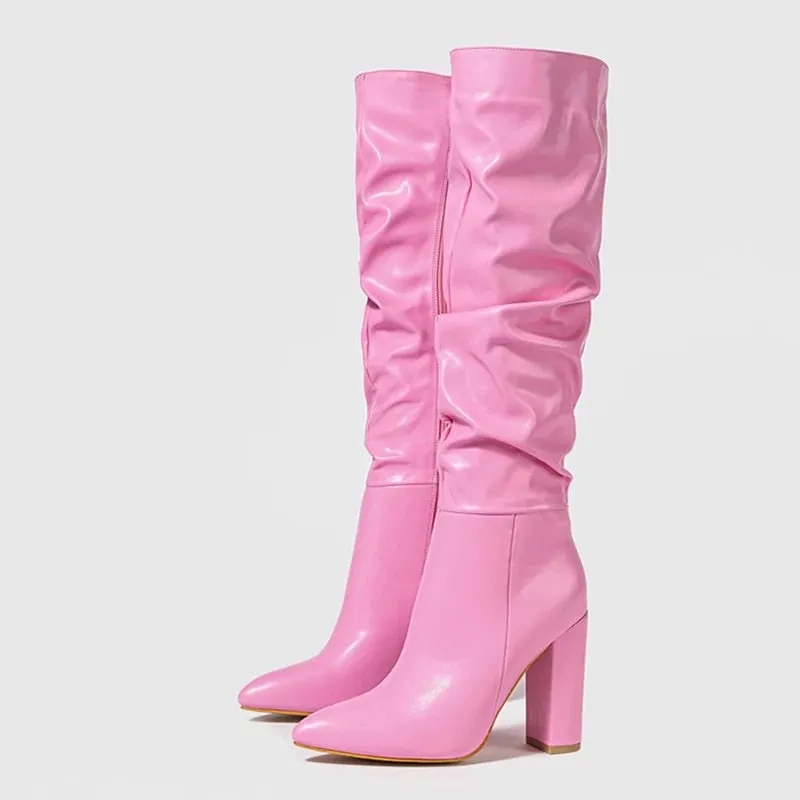 Liyke Winter Street Fashion Pleated Leather Pink Knee High Boots Women Sexy Long Zip Pointed Toe Square Heels Stripper Shoes