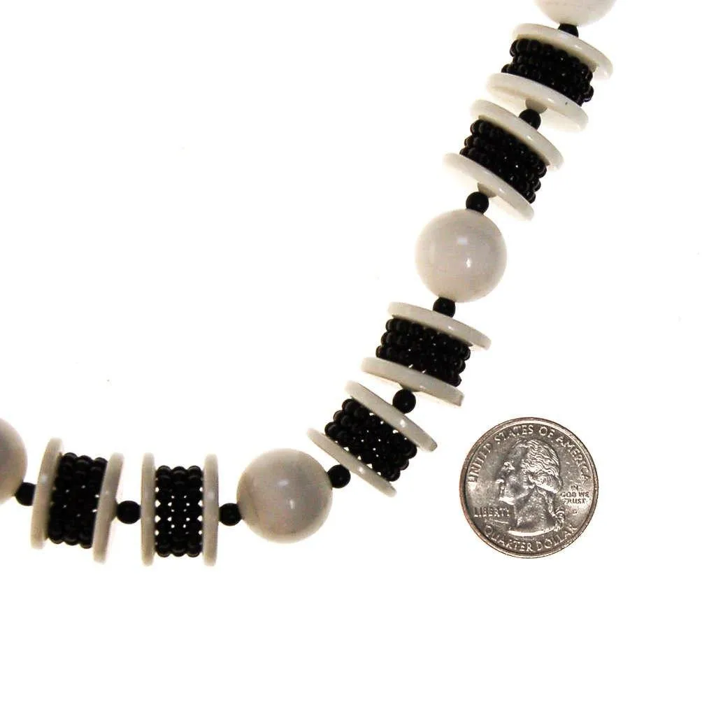Long Black and White Chunky Bead Necklace