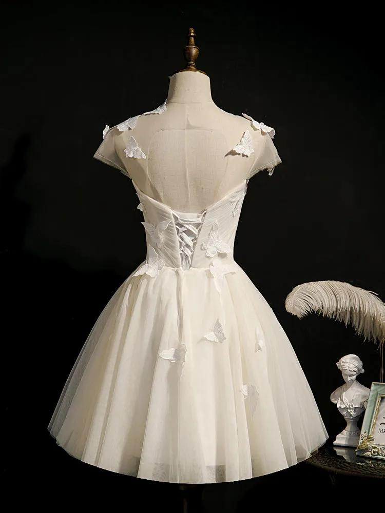 Lovely Ivory Tulle Short Prom Dress, Cap Sleeves Cute Homecoming Dress Graduation Dress