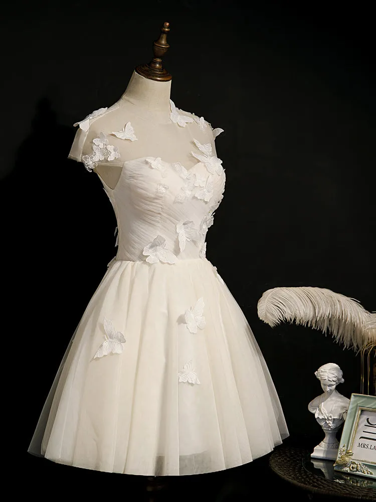 Lovely Ivory Tulle Short Prom Dress, Cap Sleeves Cute Homecoming Dress Graduation Dress