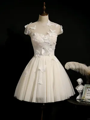 Lovely Ivory Tulle Short Prom Dress, Cap Sleeves Cute Homecoming Dress Graduation Dress