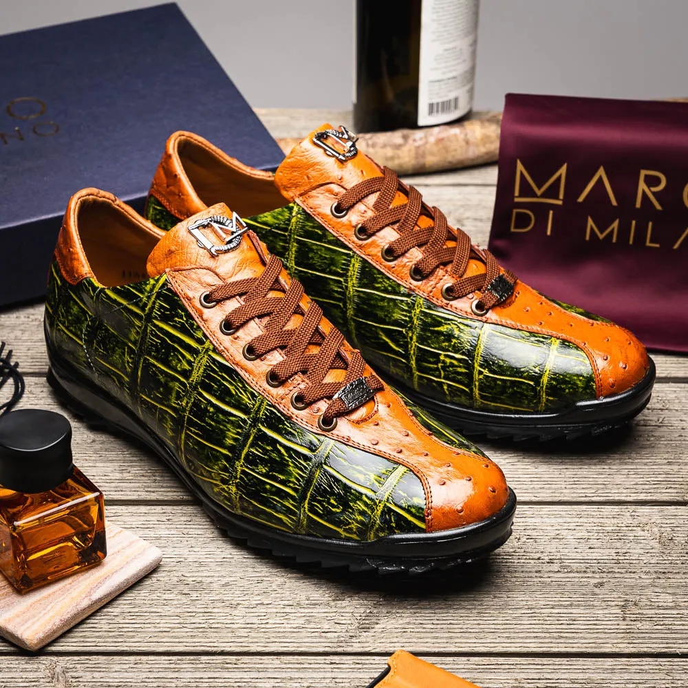 Marco Di Milano Saulo in Green / Cognac Alligator & Ostrich Sneakers