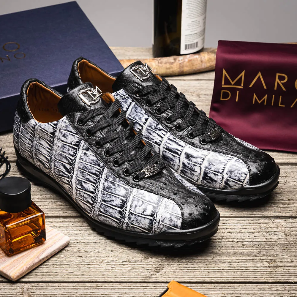 Marco Di Milano Saulo in Newspaper / Black Alligator & Ostrich Sneakers