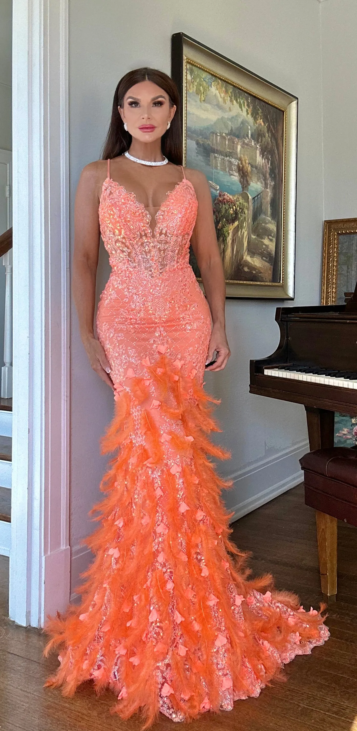 Marlo Flame Orange mermaid gown with feather details