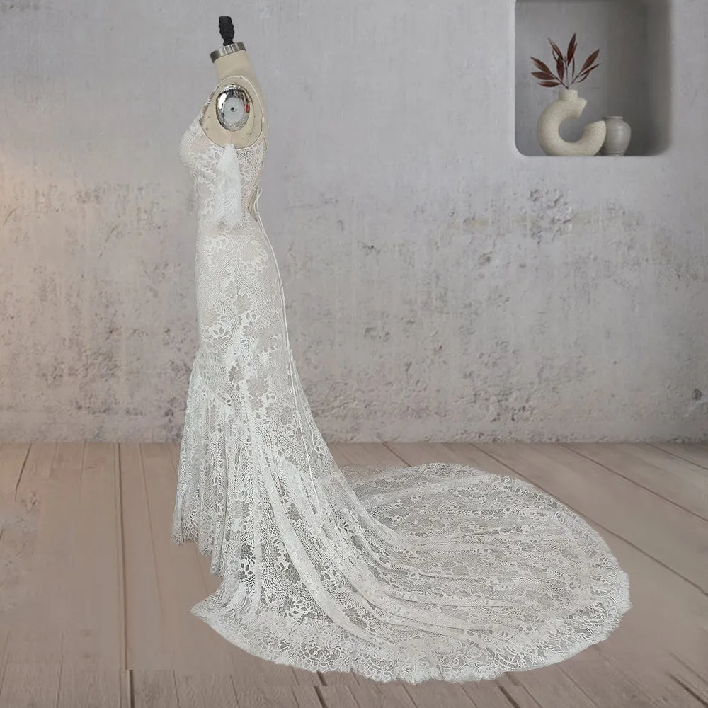 Mermaid White Halter Neck Lace Wedding Dress