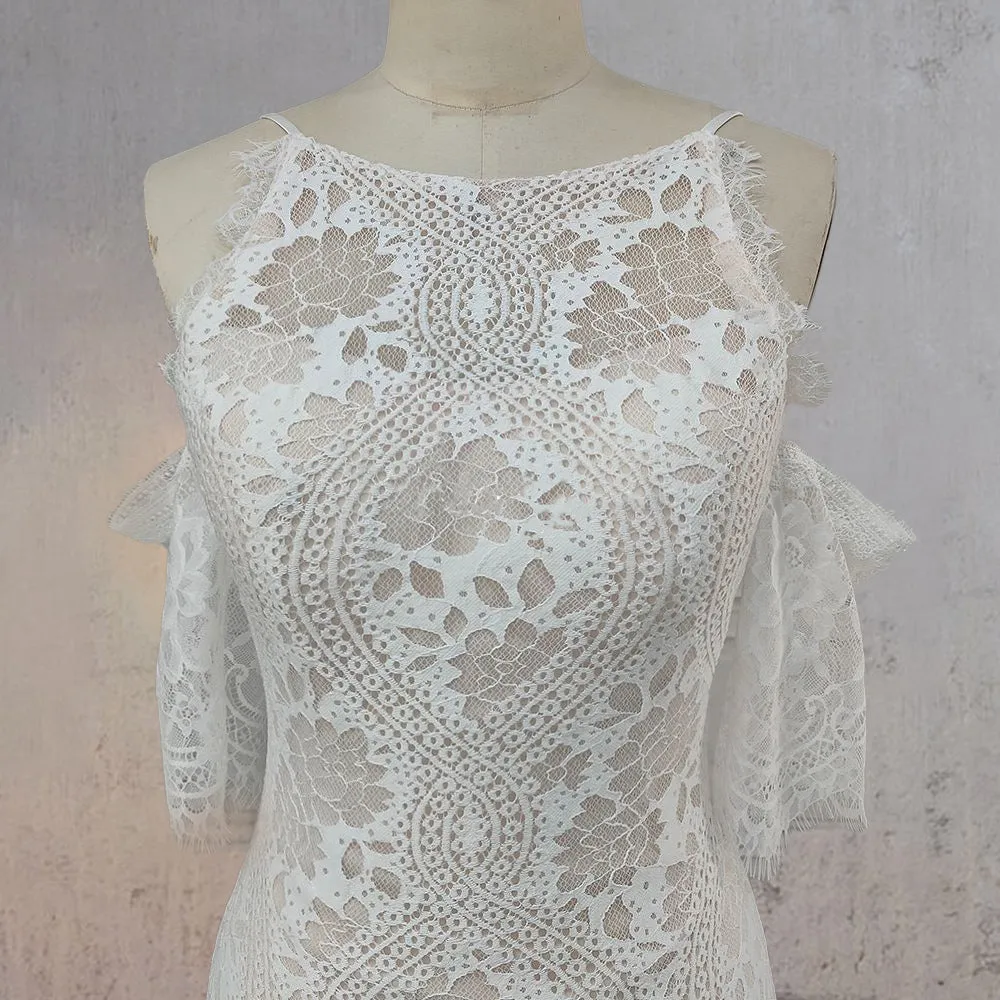 Mermaid White Halter Neck Lace Wedding Dress