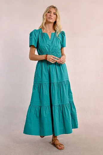 Molly Bracken Tiered Long Poplin Short Sleeve Dress