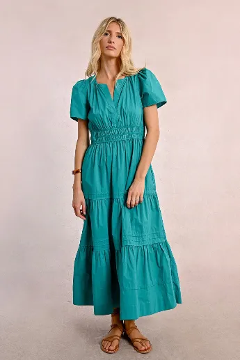 Molly Bracken Tiered Long Poplin Short Sleeve Dress