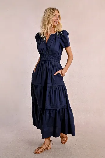 Molly Bracken Tiered Long Poplin Short Sleeve Dress