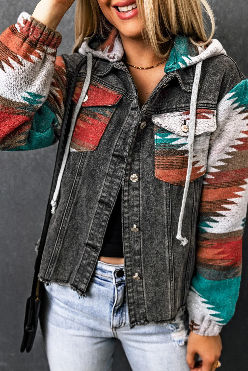 Multicolor Aztec Print Frayed Hem Denim Jacket