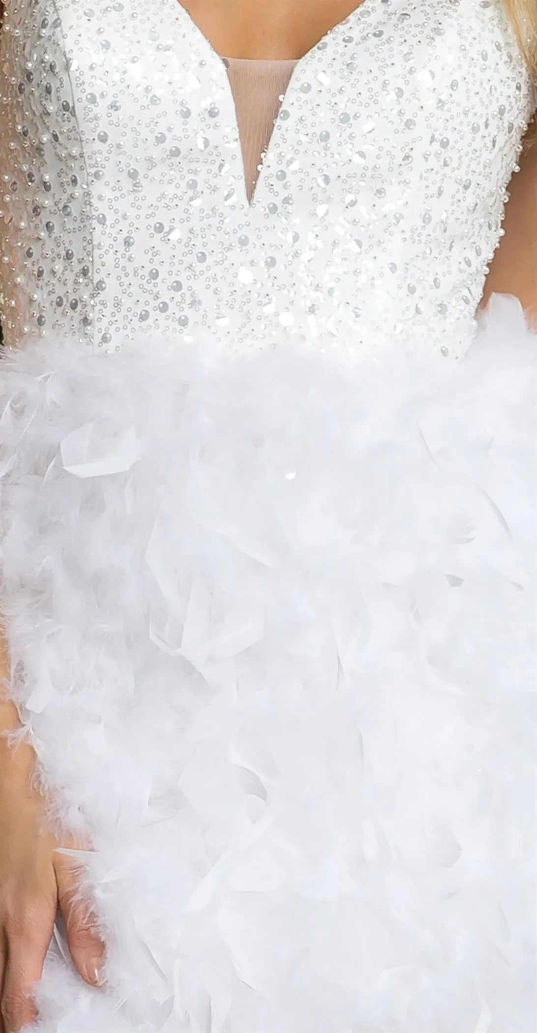 N R757 - Short Sequin Bodice Homecoming Dress with Feather Skirt & Open Lace Up Back
