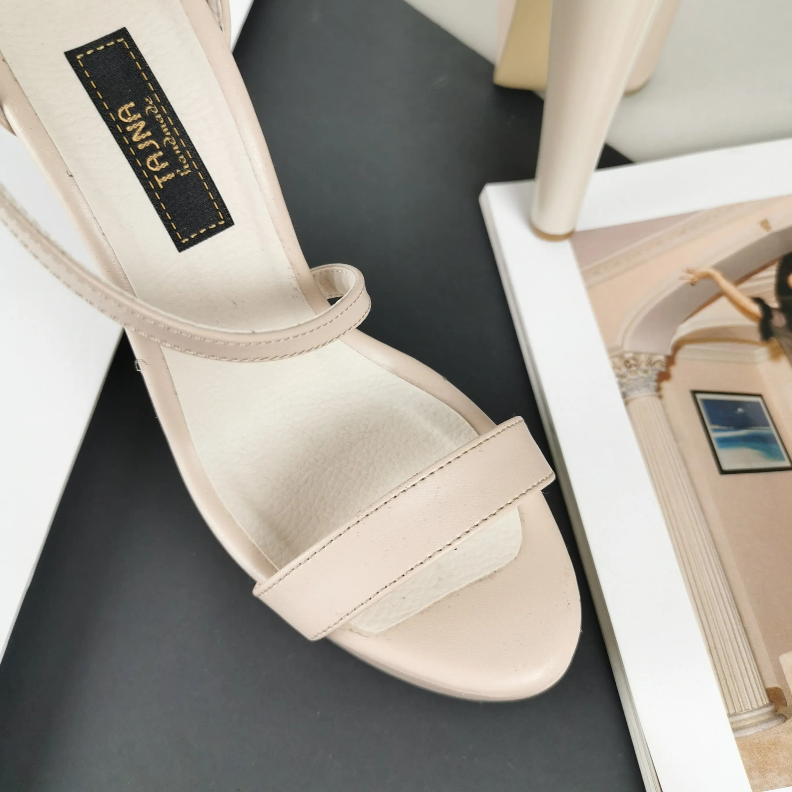 Nude Cream Thin Strap Chunky Heel Platform Shoes