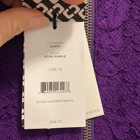 NWT Diane Von Furstenberg zarita lace royal purple dress. Size 12.