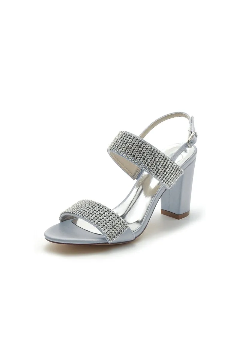 Open Toe Beaded Buckle Satin Chunky Heels