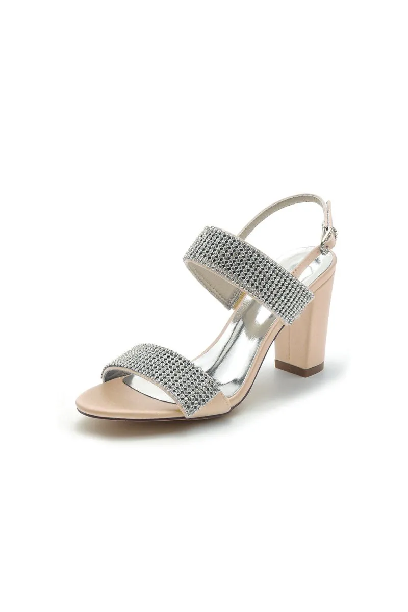 Open Toe Beaded Buckle Satin Chunky Heels