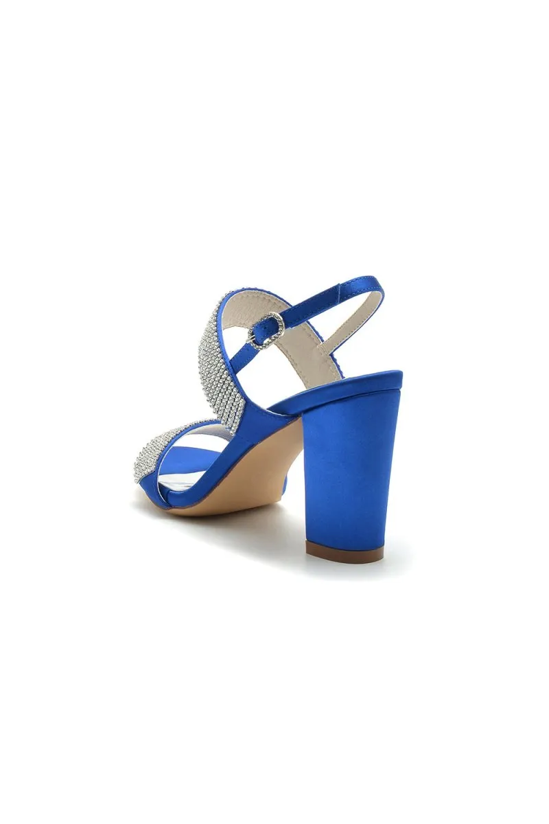 Open Toe Beaded Buckle Satin Chunky Heels
