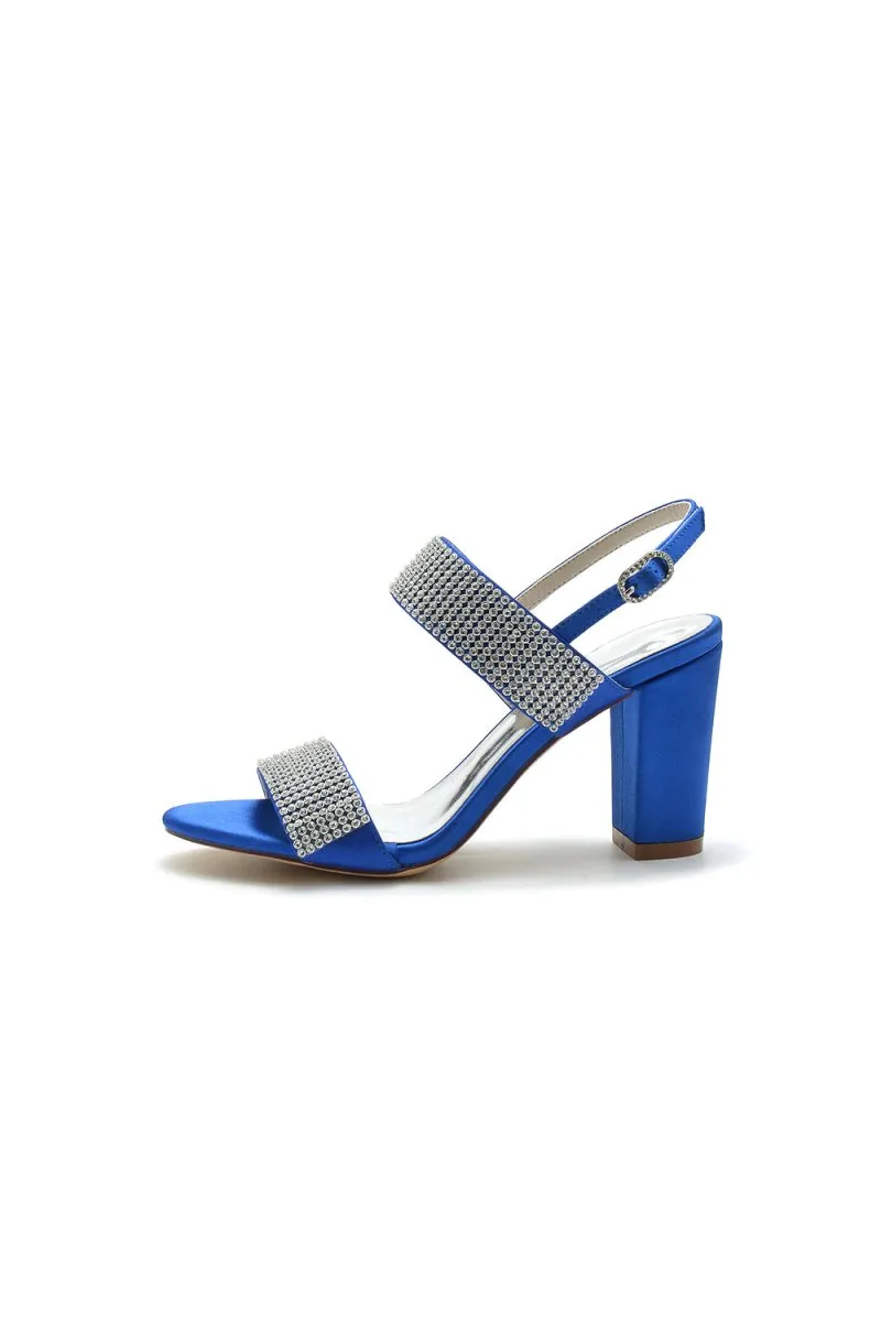 Open Toe Beaded Buckle Satin Chunky Heels