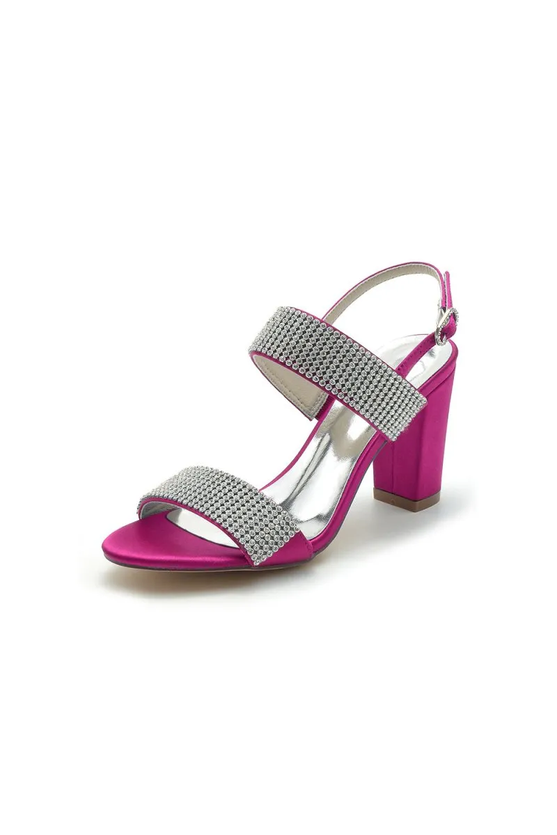 Open Toe Beaded Buckle Satin Chunky Heels