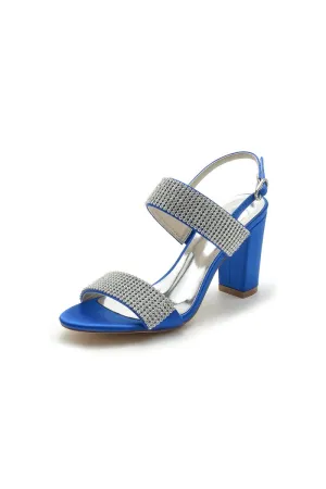 Open Toe Beaded Buckle Satin Chunky Heels