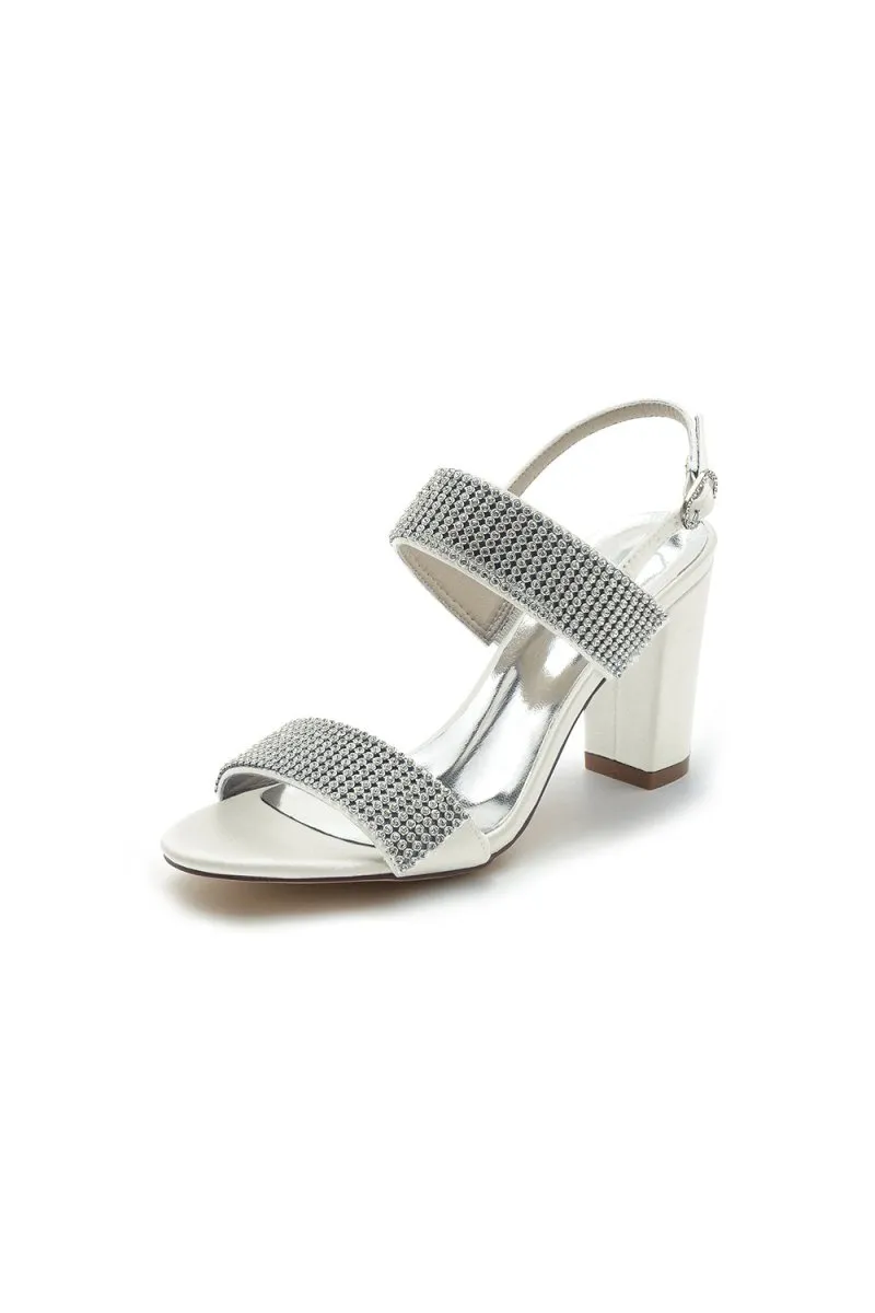 Open Toe Beaded Buckle Satin Chunky Heels
