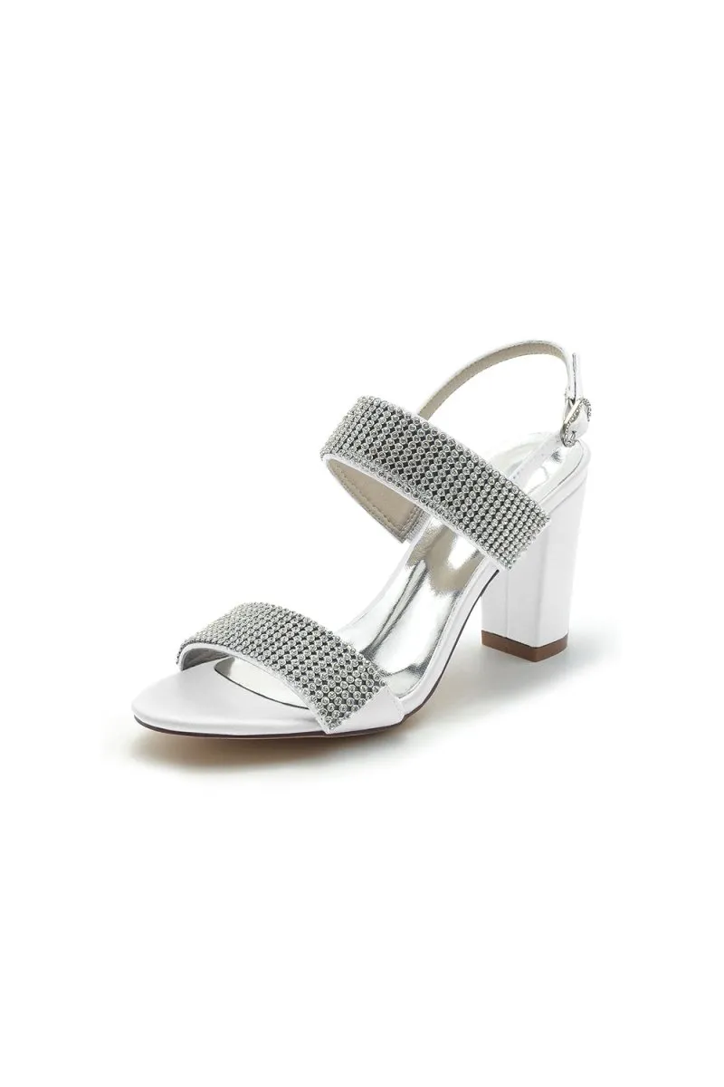 Open Toe Beaded Buckle Satin Chunky Heels
