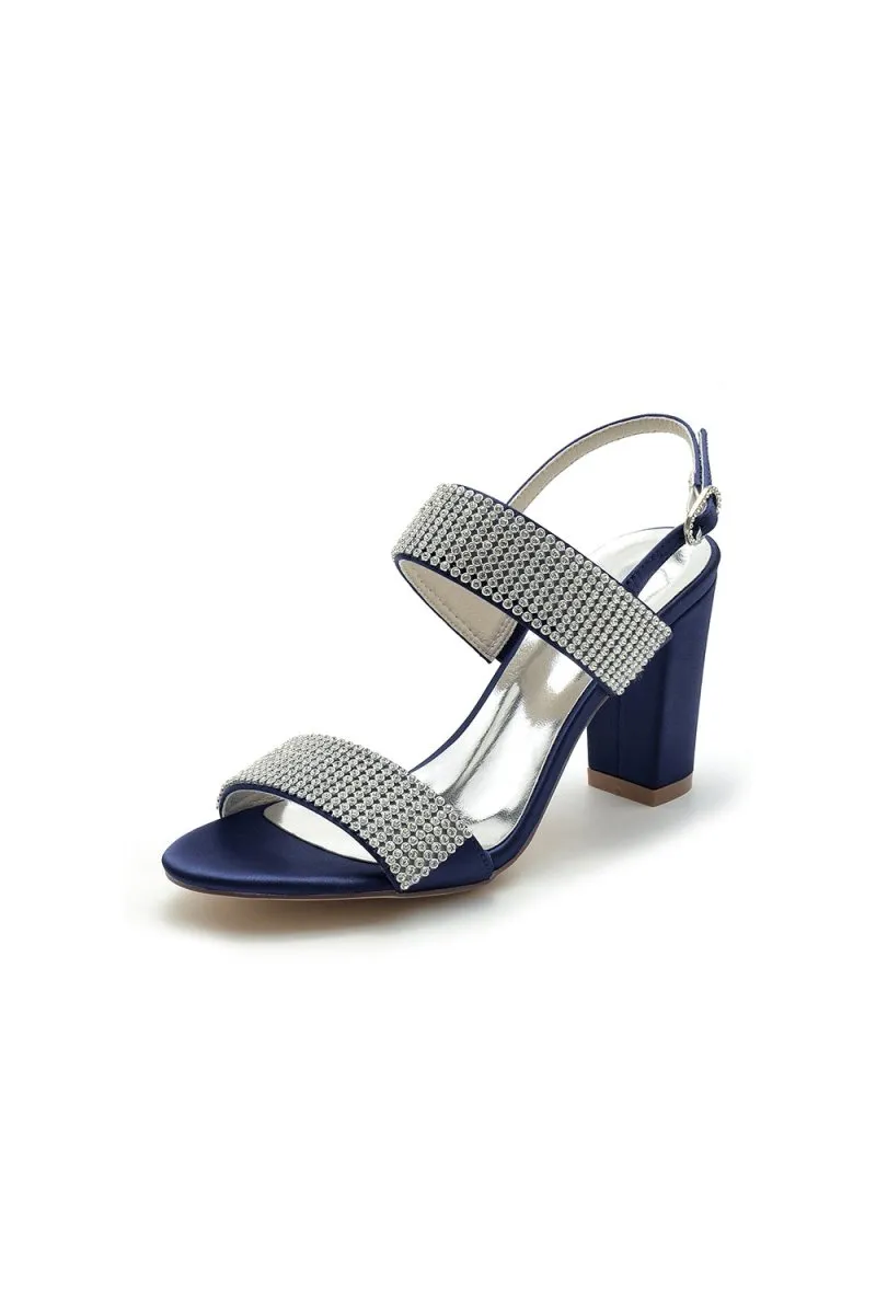 Open Toe Beaded Buckle Satin Chunky Heels