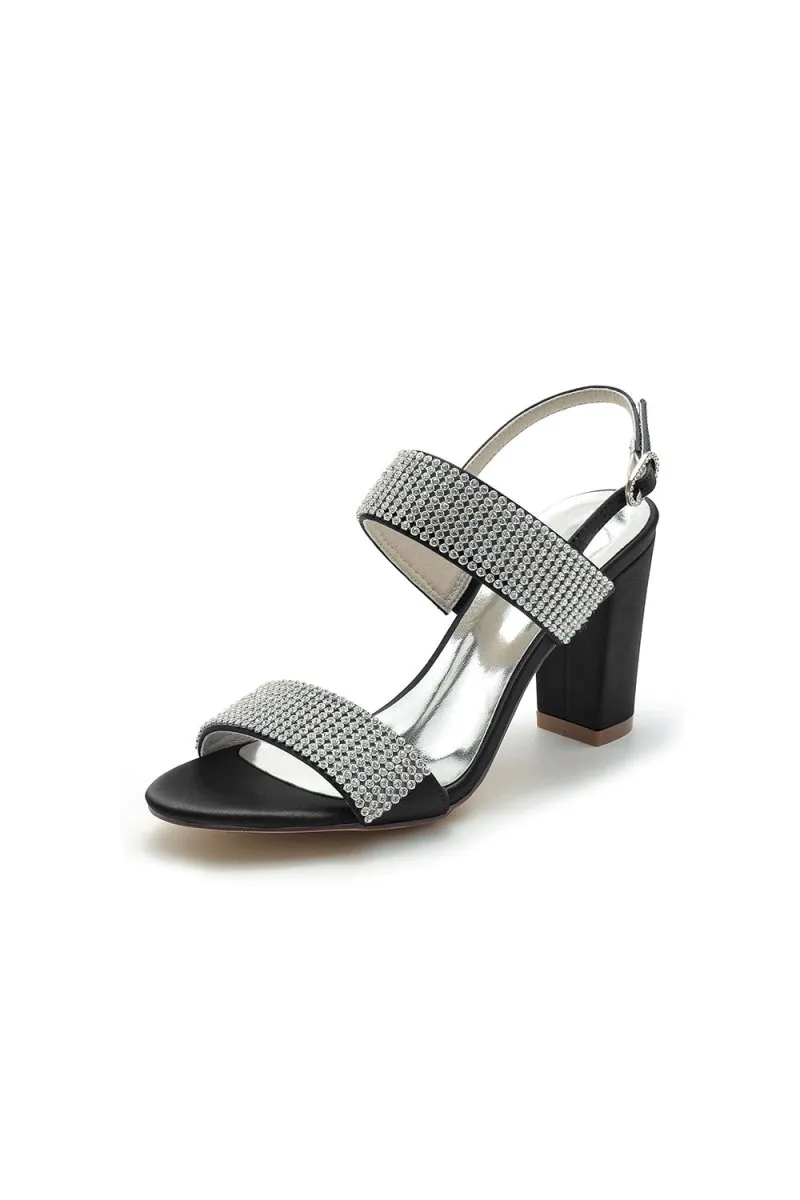 Open Toe Beaded Buckle Satin Chunky Heels