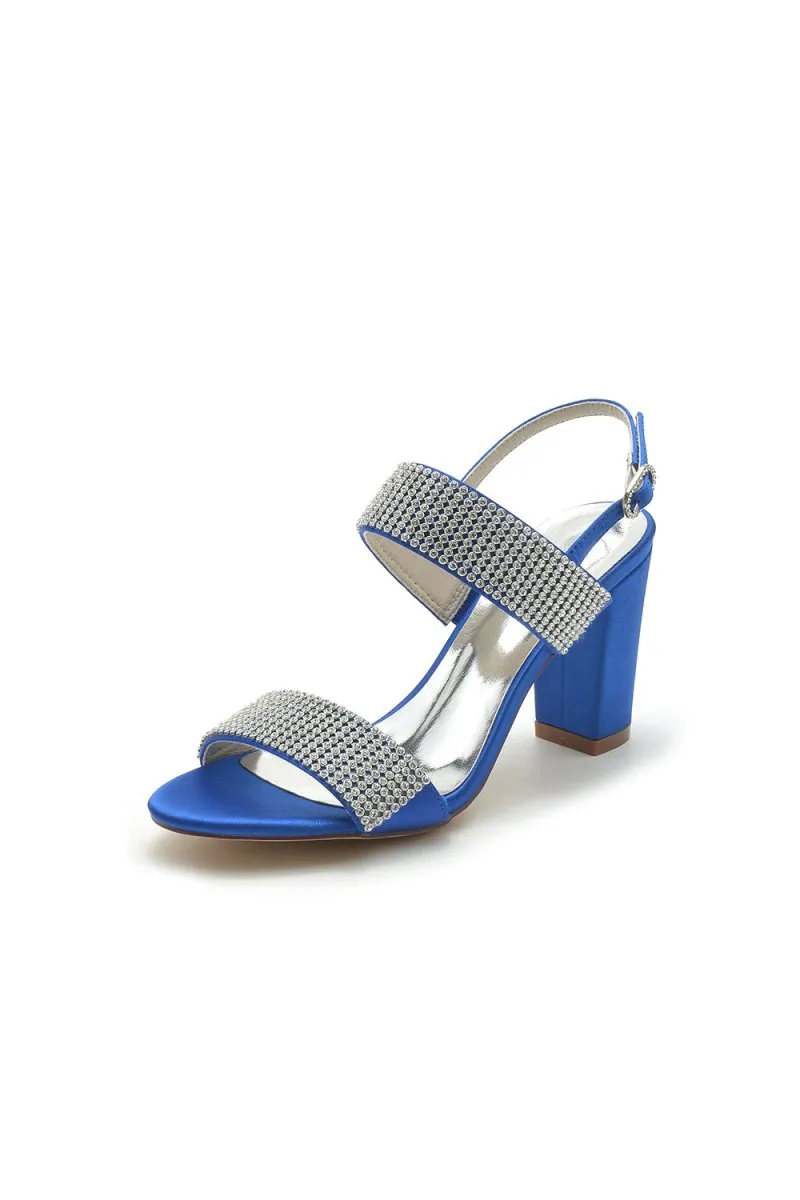 Open Toe Beaded Buckle Satin Chunky Heels
