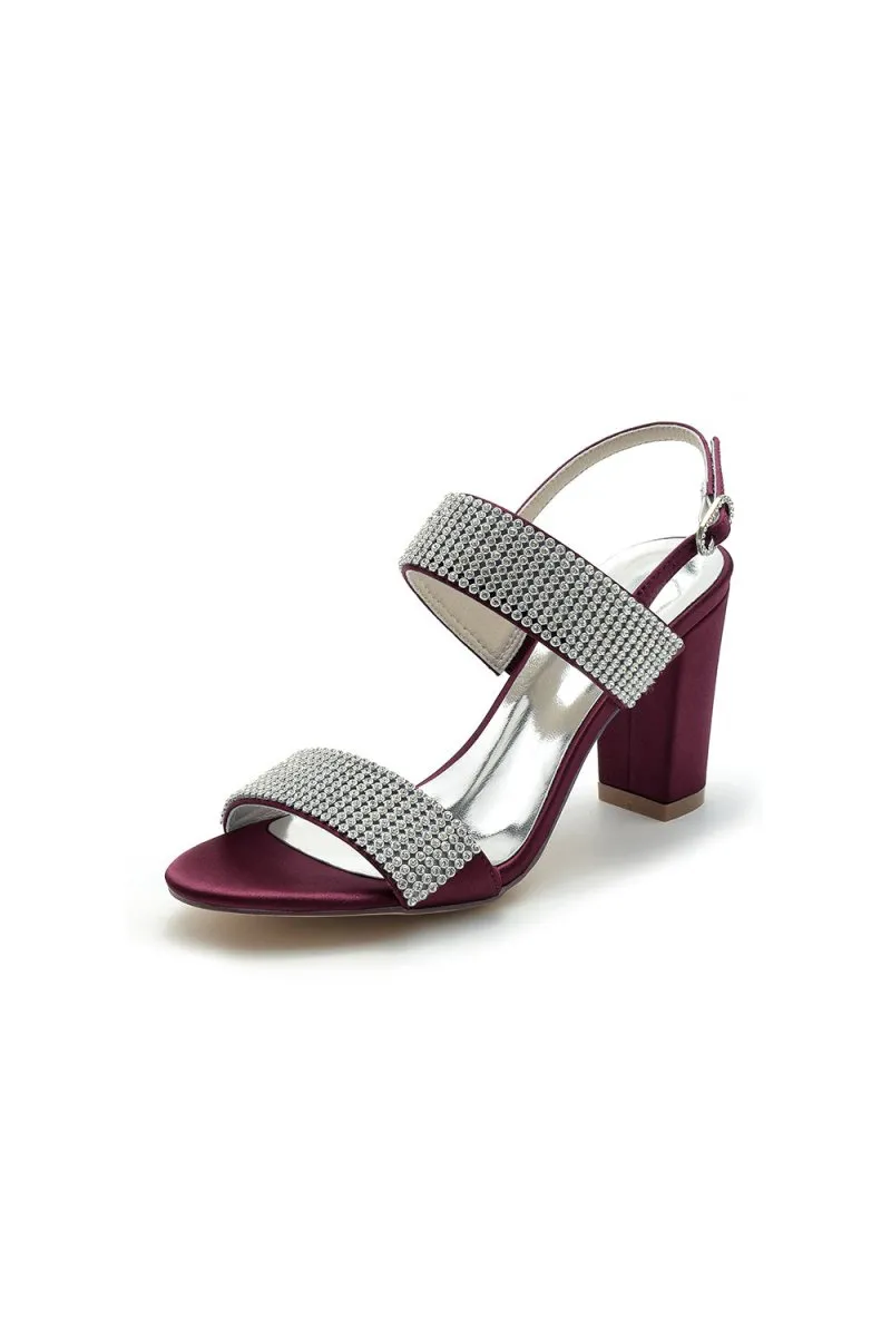 Open Toe Beaded Buckle Satin Chunky Heels