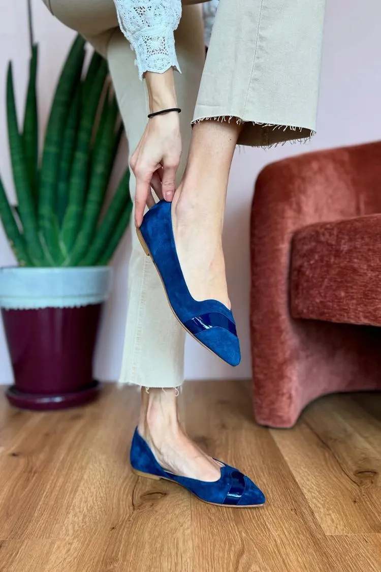 Patchwork Pointed Toe Casual Dark Blue Flats [Pre Order]