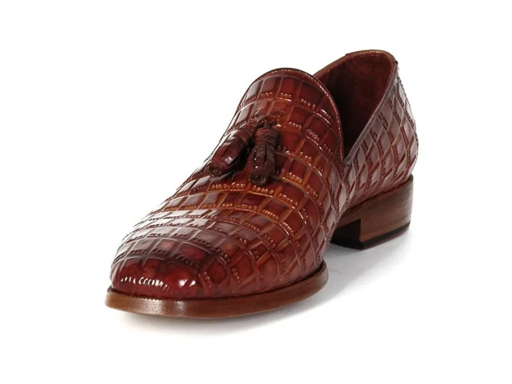 Paul Parkman Brown Crocodile Embossed Calfskin Tassel Loafer