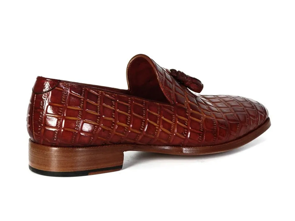 Paul Parkman Brown Crocodile Embossed Calfskin Tassel Loafer