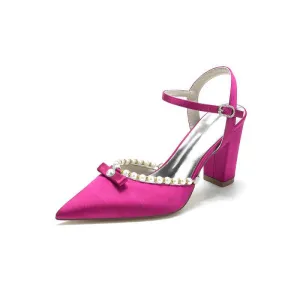 Pearl Pointed Toe Ankle Strap Chunky Heels With Bow