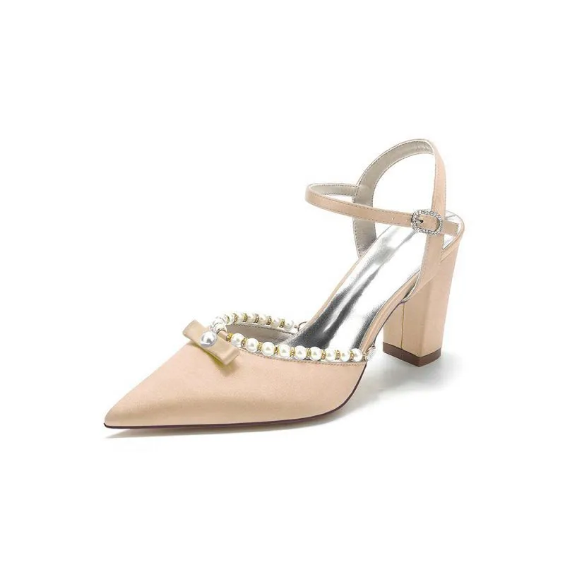 Pearl Pointed Toe Ankle Strap Chunky Heels With Bow