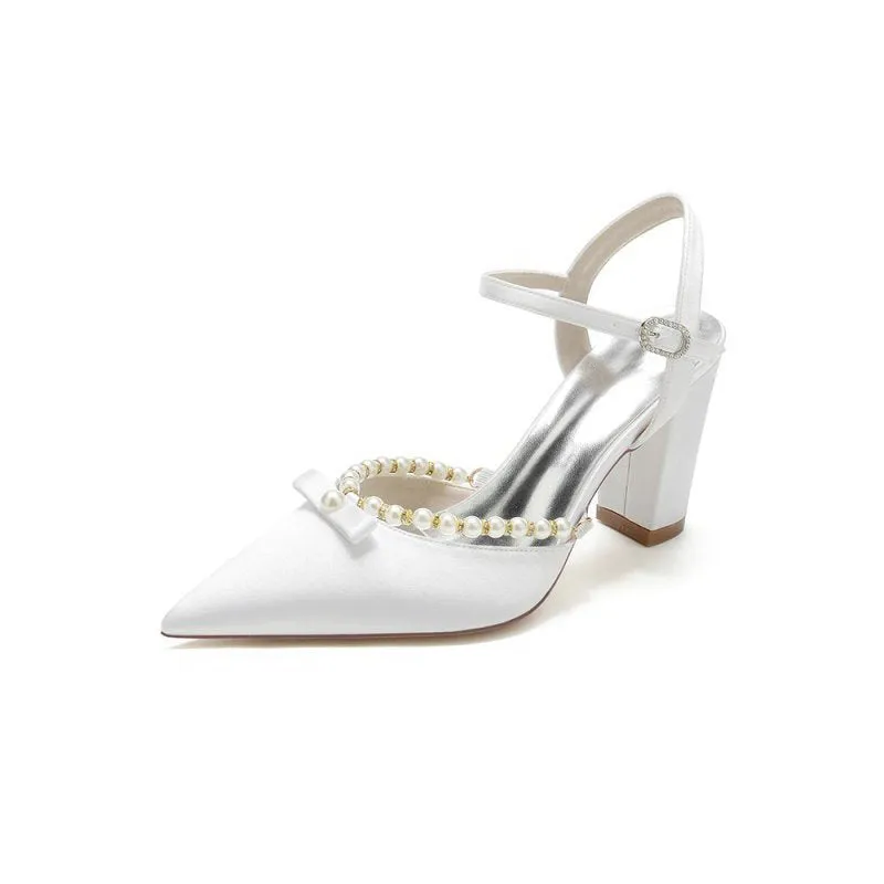 Pearl Pointed Toe Ankle Strap Chunky Heels With Bow