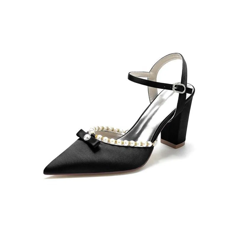 Pearl Pointed Toe Ankle Strap Chunky Heels With Bow