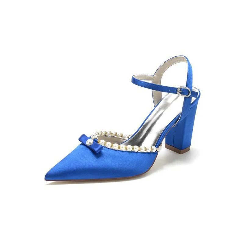 Pearl Pointed Toe Ankle Strap Chunky Heels With Bow