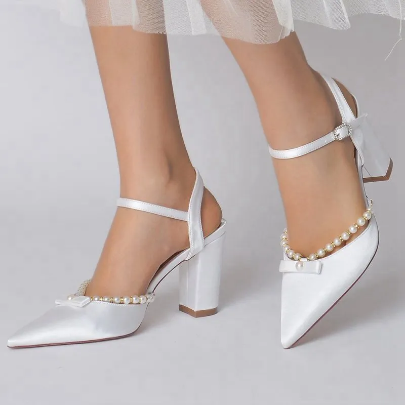 Pearl Pointed Toe Ankle Strap Chunky Heels With Bow