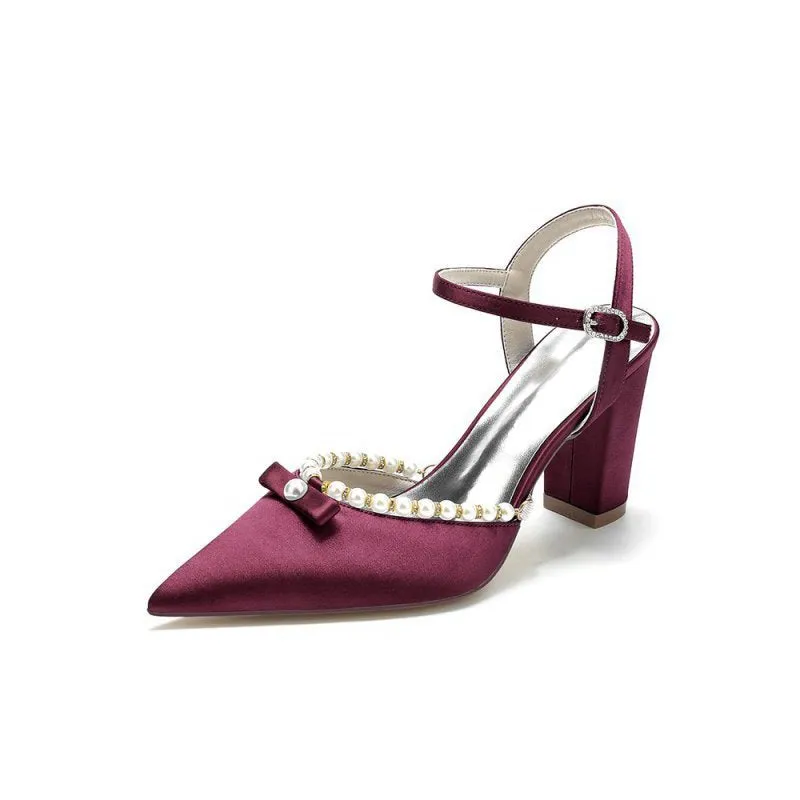 Pearl Pointed Toe Ankle Strap Chunky Heels With Bow