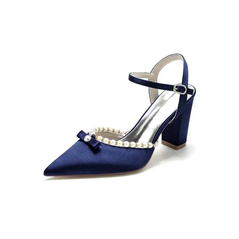 Pearl Pointed Toe Ankle Strap Chunky Heels With Bow