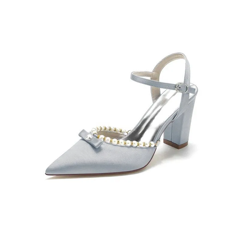 Pearl Pointed Toe Ankle Strap Chunky Heels With Bow