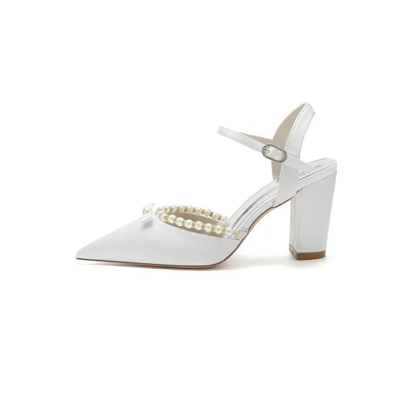 Pearl Pointed Toe Ankle Strap Chunky Heels With Bow