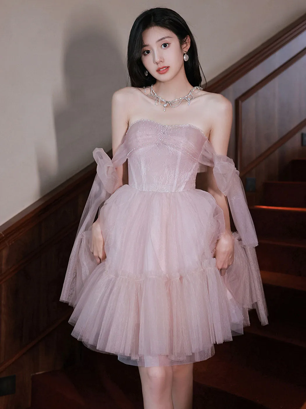 Pink tulle off shoulder short prom dress pink homecoming dress