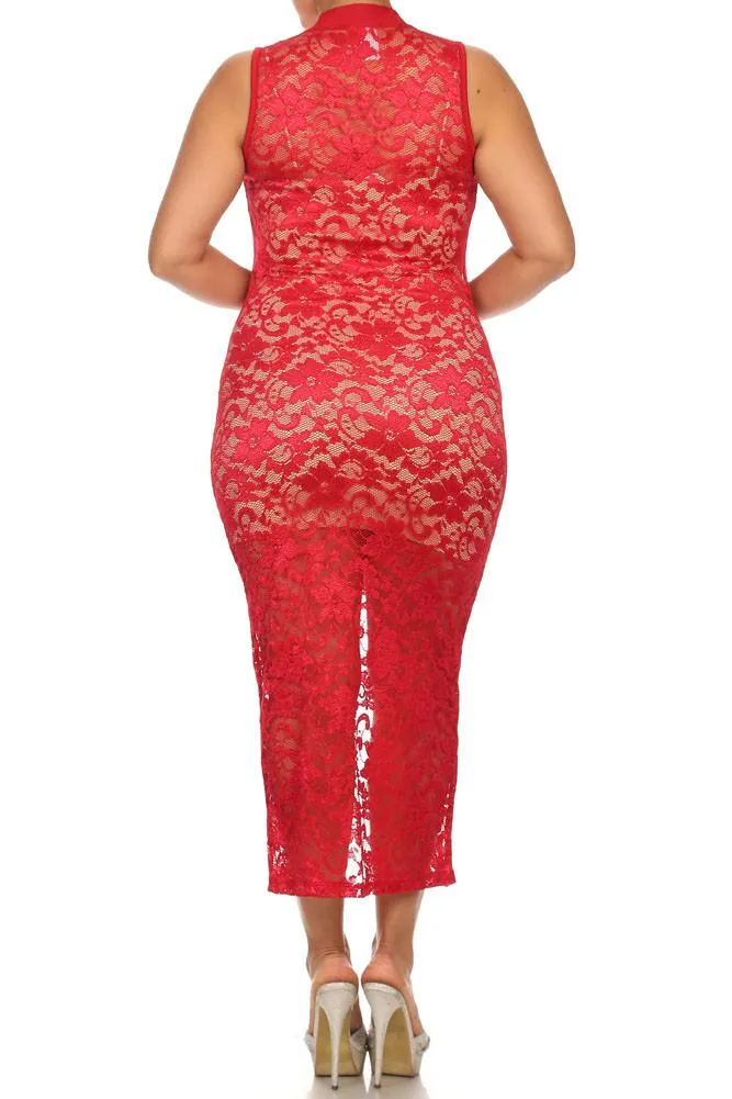 Plus Size See Through Lace Zip Up Red Dress  (Inner-lining not included with dress)