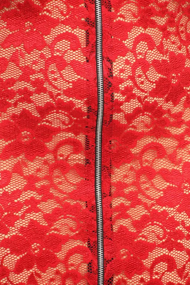 Plus Size See Through Lace Zip Up Red Dress  (Inner-lining not included with dress)