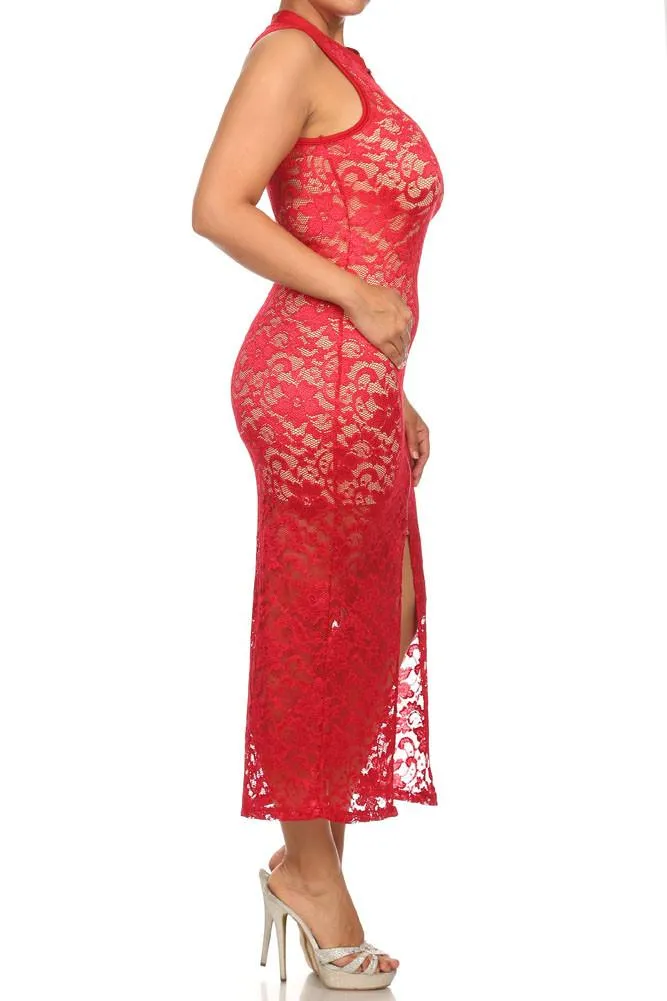 Plus Size See Through Lace Zip Up Red Dress  (Inner-lining not included with dress)
